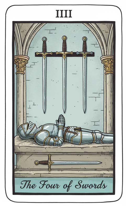 Skorpion – 4 Miecze (karta rady) tarot 2-8 marca 2026: pauza, odpoczynek, regeneracja układu nerwowego, cisza, dystans do konfliktów i reset myśli