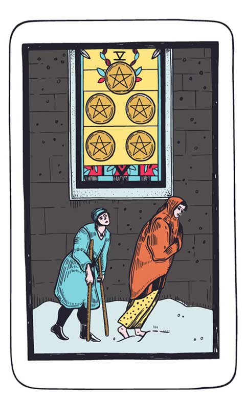 Waga – 5 Denarów (karta cienia) w tarocie 2-8 marca 2026: poczucie wykluczenia, brak wsparcia, lęk o bezpieczeństwo, blokada proszenia o pomoc