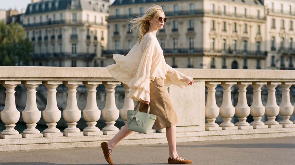 młoda kobieta idąca ulicą - na nogach nosi baleriny