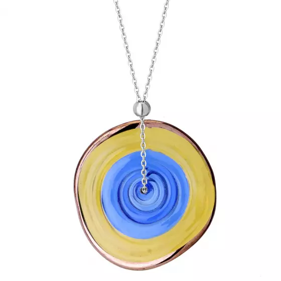 Designerski naszyjnik z falowanym szkłem w kolorze granatowym i żółtym