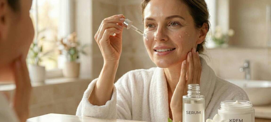 Atrakcyjna kobieta w średnim wieku nakładająca kroplę serum do twarzy z pipety, obok słoiczek z kremem – pielęgnacja przeciwstarzeniowa