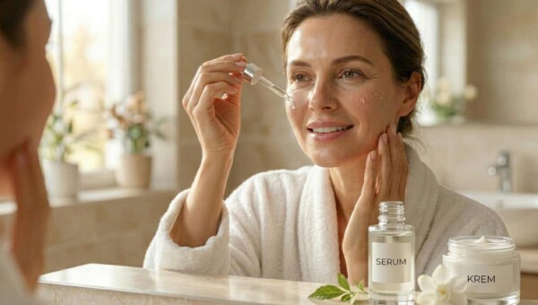 Atrakcyjna kobieta w średnim wieku nakładająca kroplę serum do twarzy z pipety, obok słoiczek z kremem – pielęgnacja przeciwstarzeniowa
