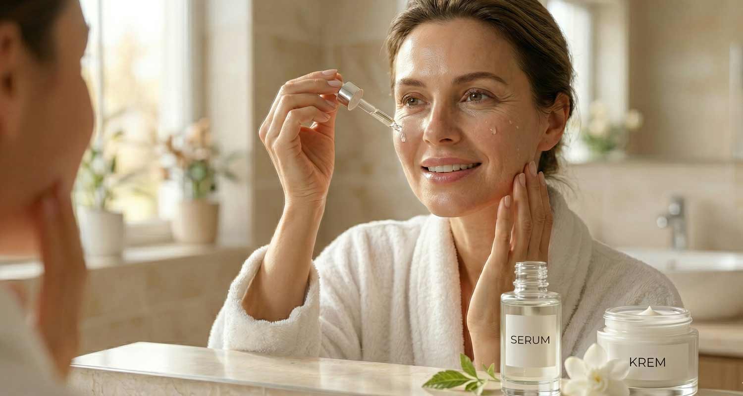 Atrakcyjna kobieta w średnim wieku nakładająca kroplę serum do twarzy z pipety, obok słoiczek z kremem – pielęgnacja przeciwstarzeniowa