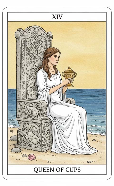 Koziorożec – Królowa Kielichów (karta rady) tarot 2-8 marca 2026: empatia, uważność na emocje, spokojna rozmowa, miękka siła i dbanie o relacje