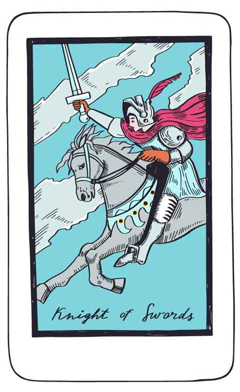 Bliźnięta – Rycerz Mieczy (karta mocy) tarot 2-8 marca 2026: szybka komunikacja, odwaga mówienia wprost, działanie bez zwlekania, cięcie niejasności