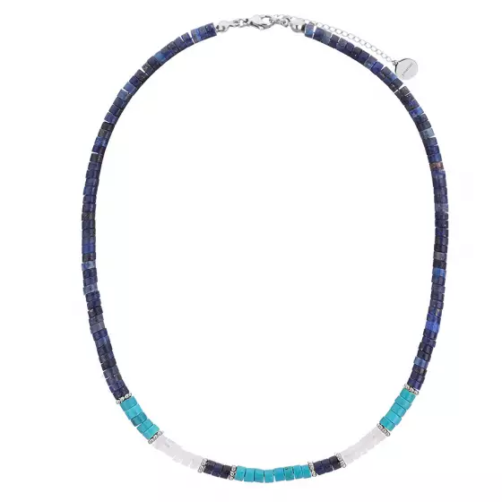Srebrny naszyjnik damski z lapisem lazuli, turkusem i kryształem górskim