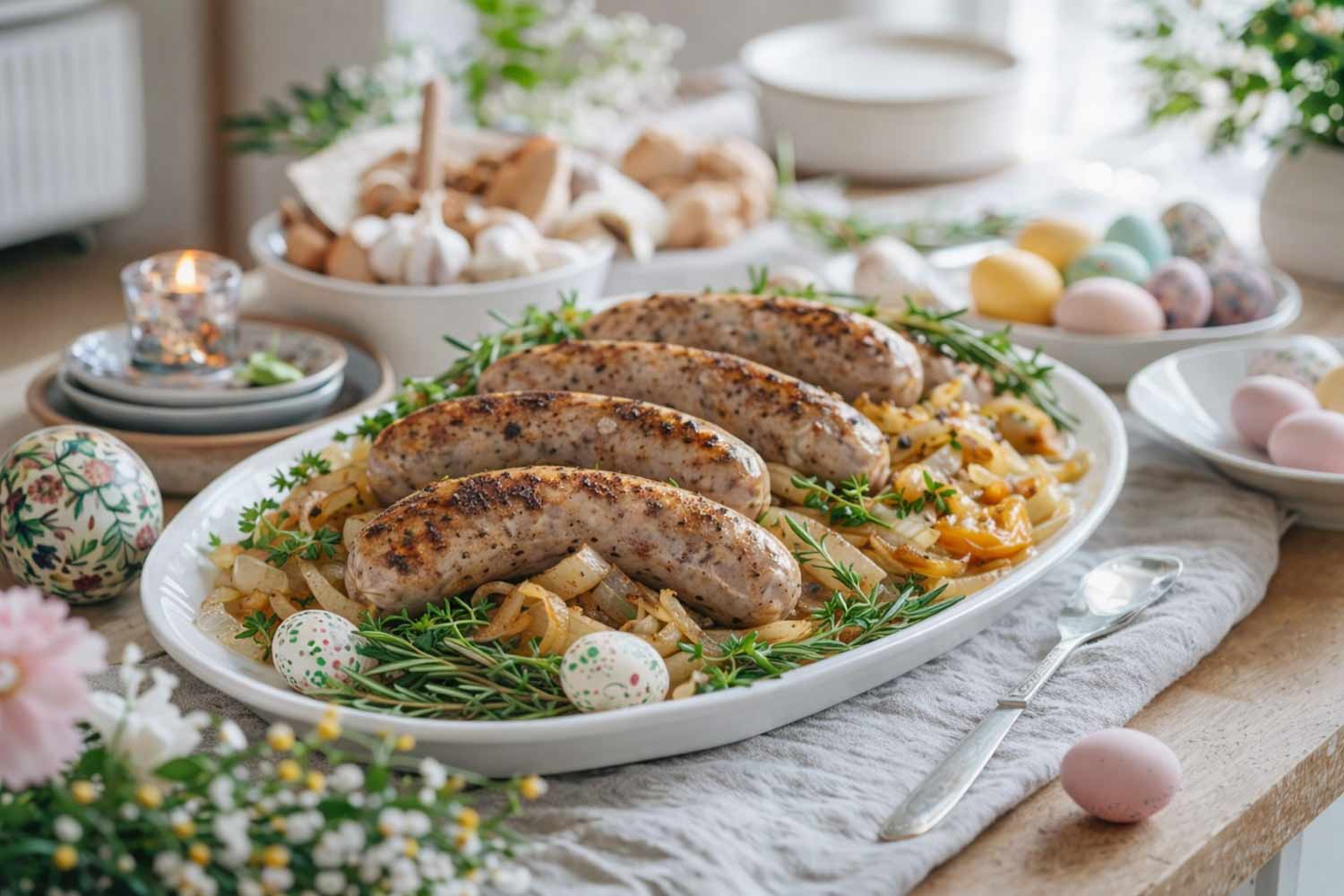 Pieczona biała kiełbasa z cebulką