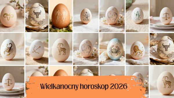 Wielkanocny horoskop 2026 - żartobliwa ilustracja świąteczna z motywami pisanek, zodiaku i wiosennej atmosfery