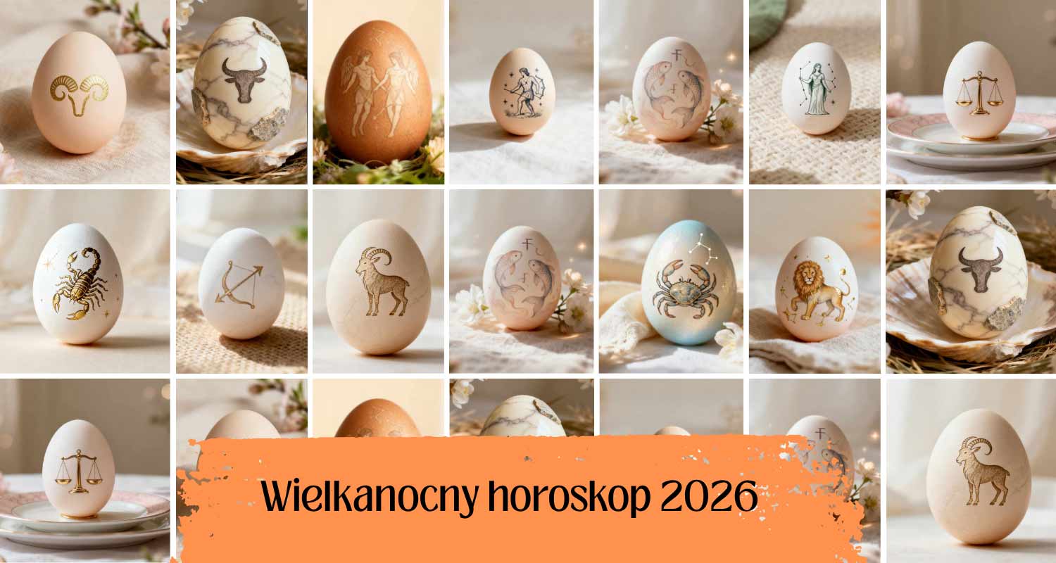 Wielkanocny horoskop 2026 - żartobliwa ilustracja świąteczna z motywami pisanek, zodiaku i wiosennej atmosfery