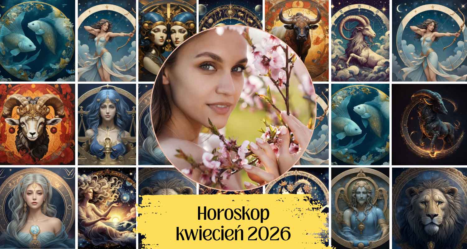 Zestawienie horoskopów na kwiecień 2026 dla wszystkich znaków zodiaku - grafika astrologiczna