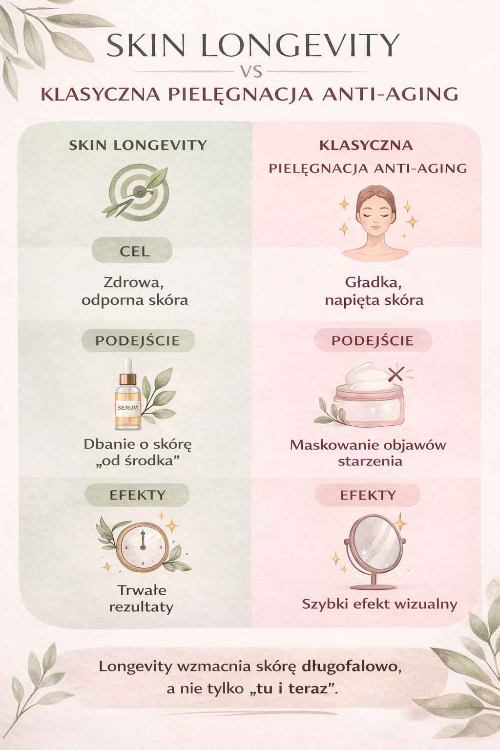 Skin longevity vs klasyczna pielęgnacja anti-aging - infografika