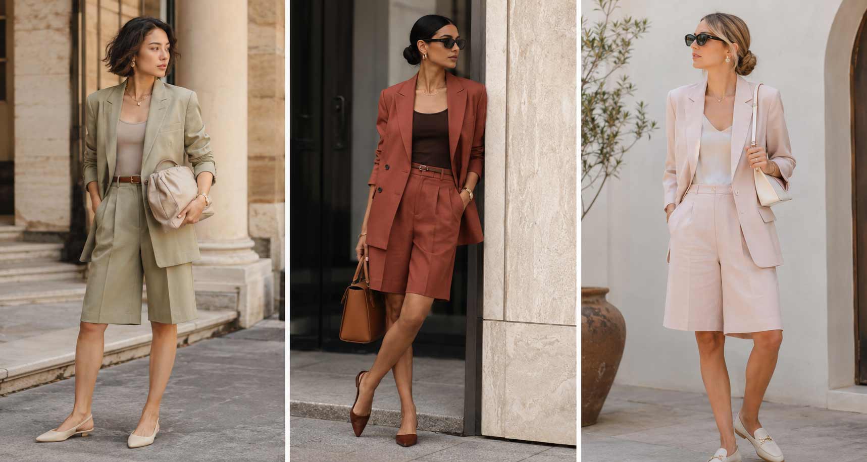 Kolaż eleganckich stylizacji z damskimi bermudami do biura i na miasto