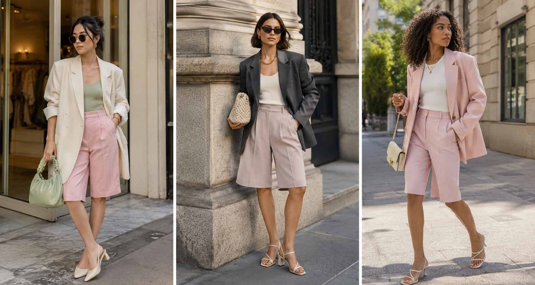 Elegancka letnia stylizacja do biura z jasnymi bermudami, kamizelką i skórzanymi dodatkami