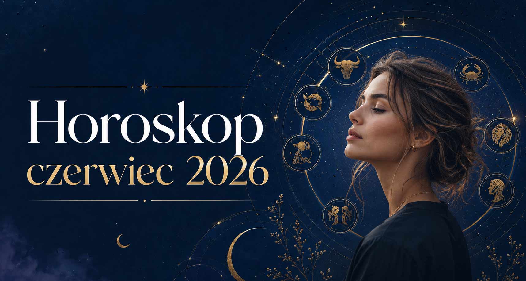 Horoskop miesięczny na czerwiec 2026 dla wszystkich znaków zodiaku - astrologiczna grafika zodiakalna
