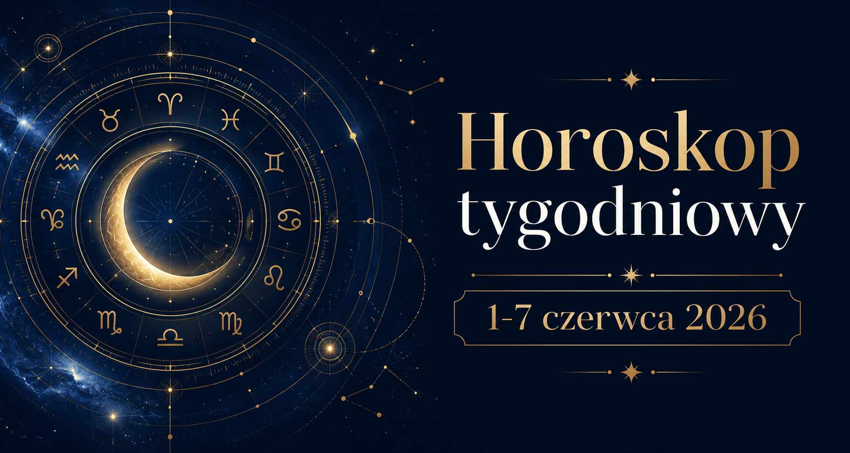Horoskop tygodniowy od 1 do 7 czerwca 2026 dla wszystkich znaków zodiaku - astrologiczna grafika z motywem zodiaku