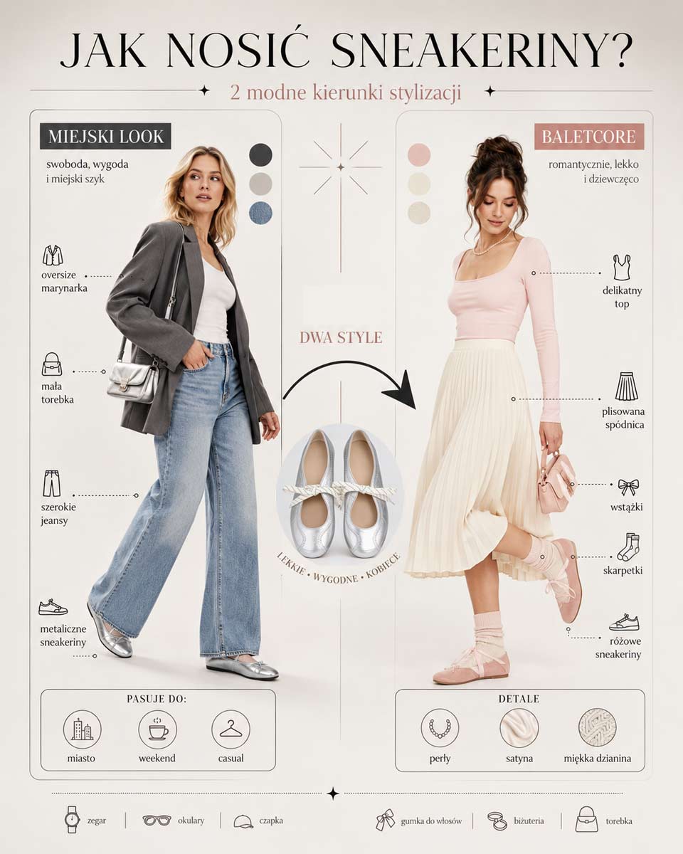 Infografika jak nosić sneakeriny - miejski look i balletcore jako dwa modne sposoby stylizacji