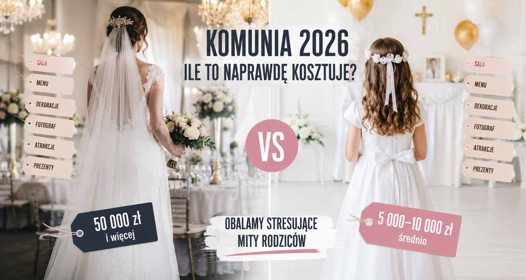Komunia kontra wesele – dziewczynka komunijna i panna młoda porównanie kosztów uroczystości