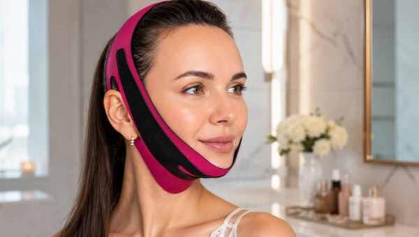 Kobieta w masce liftingującej chin strap na podbródek, która ma poprawiać owal twarzy i dawać efekt V-line