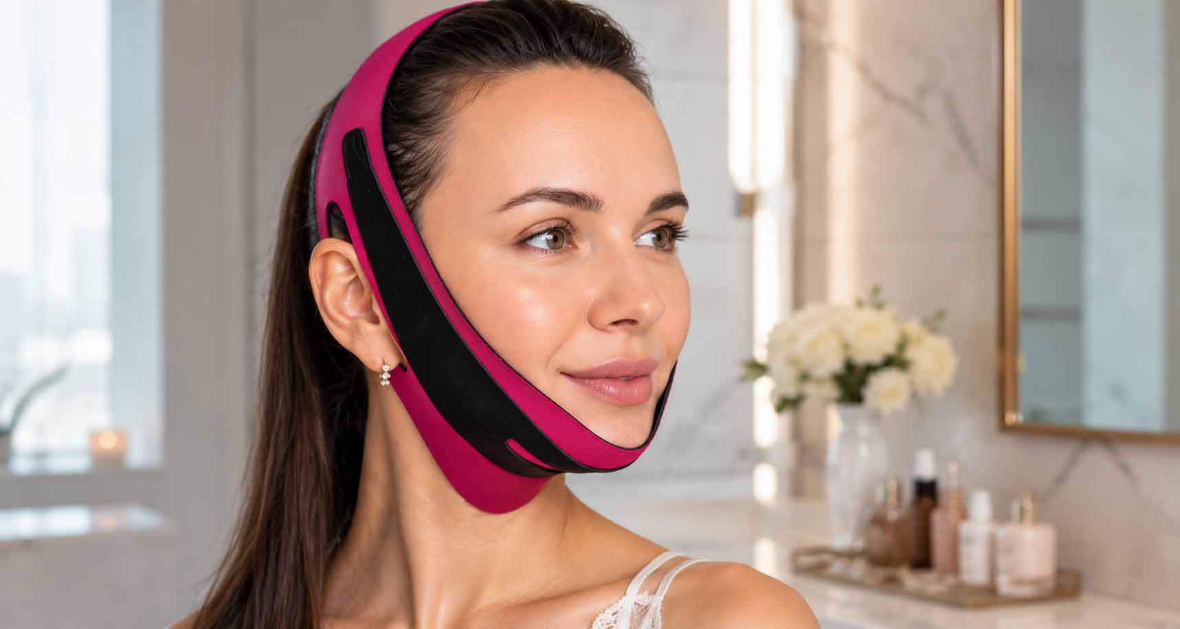 Kobieta w masce liftingującej chin strap na podbródek, która ma poprawiać owal twarzy i dawać efekt V-line