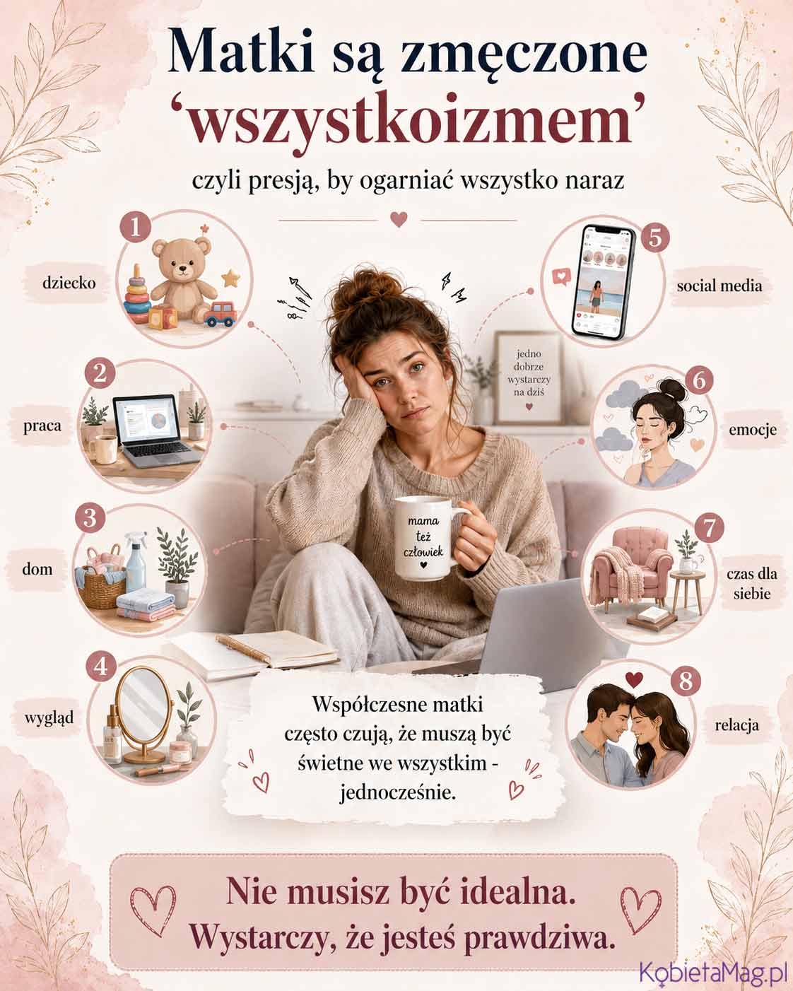 Infografika Matki są zmęczone wszystkoizmem pokazująca presję ogarniania dziecka, pracy, domu, wyglądu, social mediów, emocji, relacji i czasu dla siebie