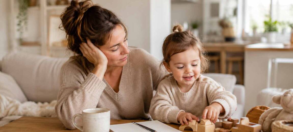 Zmęczona młoda mama siedzi z dzieckiem przy stole w domu, symbolizując presję idealnego macierzyństwa przed Dniem Matki