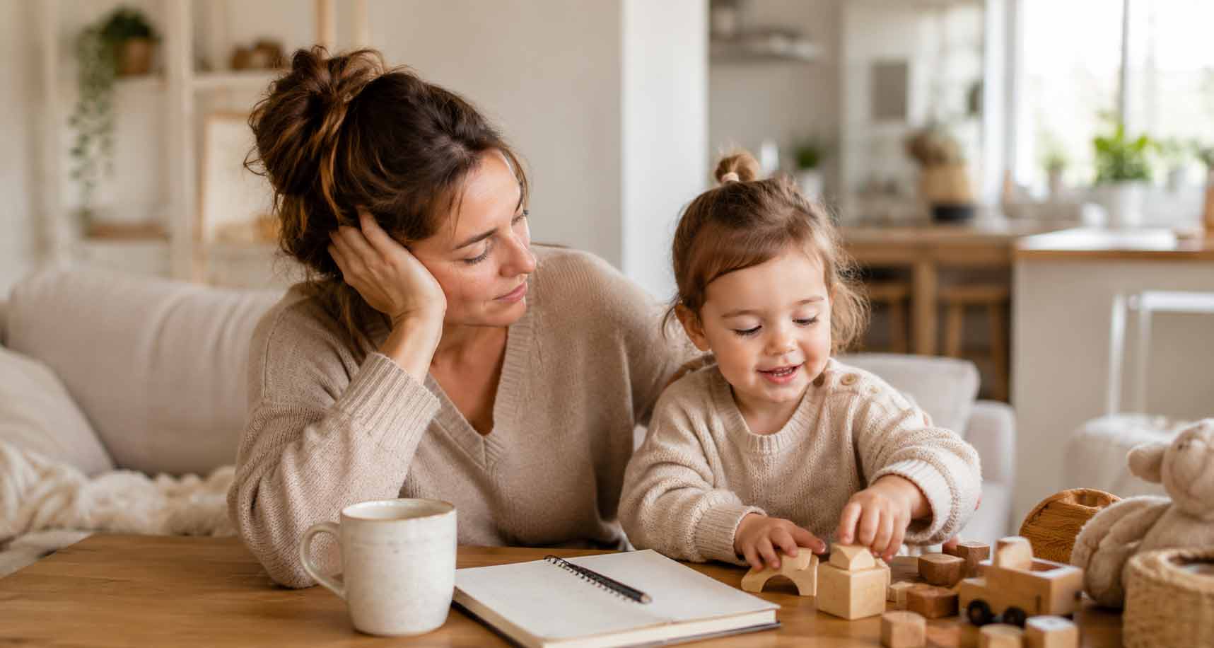 Zmęczona młoda mama siedzi z dzieckiem przy stole w domu, symbolizując presję idealnego macierzyństwa przed Dniem Matki