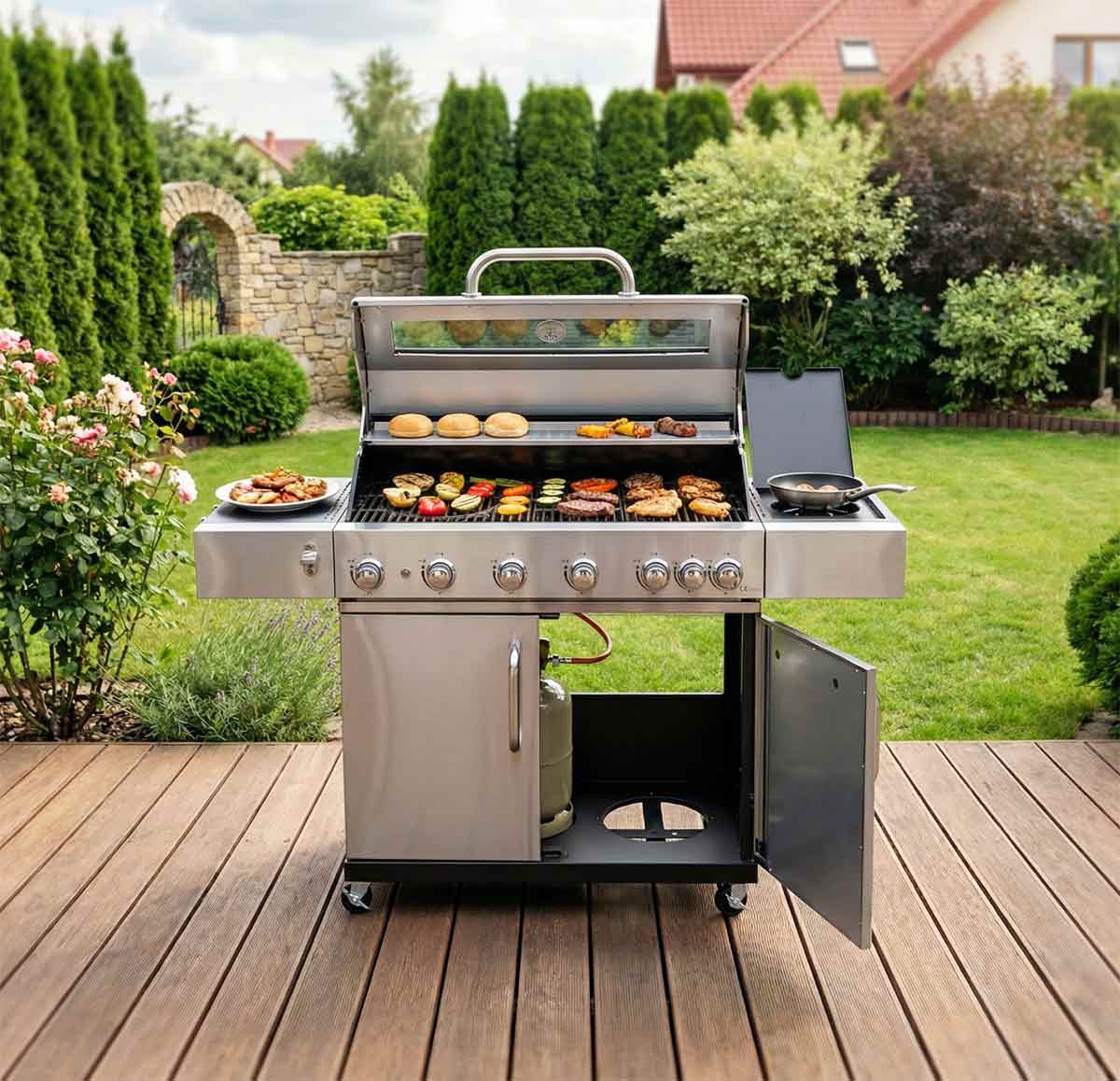 Grill gazowy z piecem do pizzy i grillowanymi warzywami w letniej kuchni ogrodowej