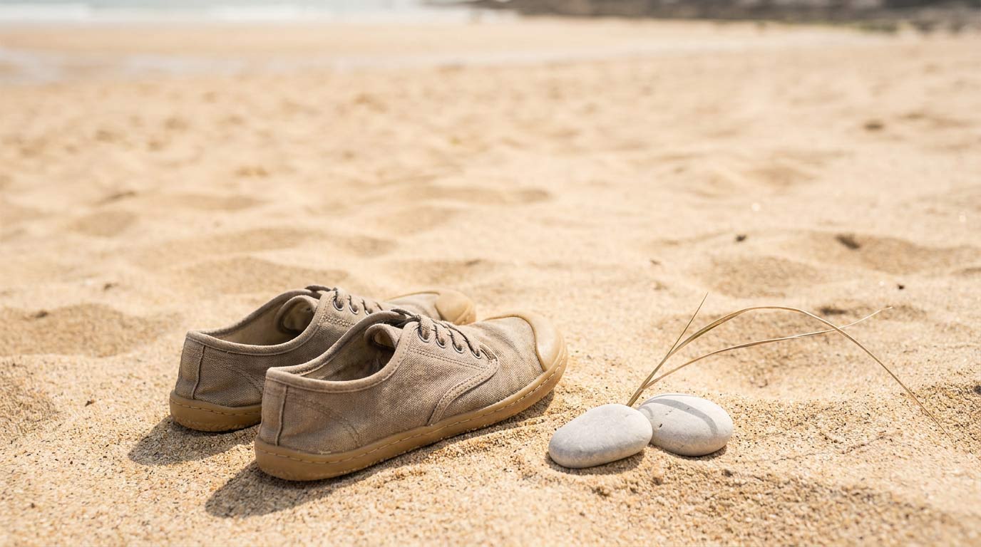 Dziecięce buty barefoot na złotym piasku plaży — buty barefoot dla dzieci na wakacje lato