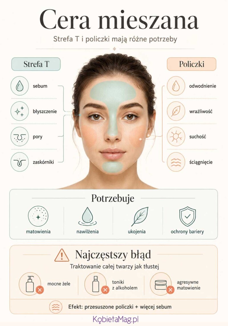 Ekspercka infografika przedstawiająca potrzeby cery mieszanej z podziałem na strefę T oraz policzki