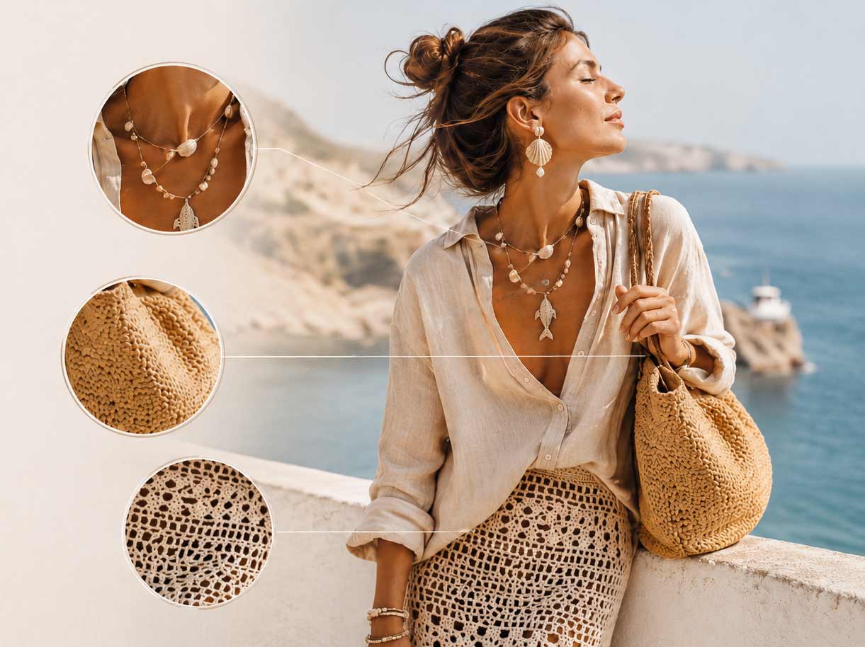 Kobieta w stylu Coastal Whimsy na tle morza z przybliżeniami na biżuterię z muszlami, torebkę z raffii i szydełkową spódnicę