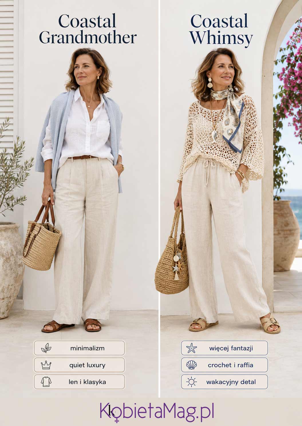 Infografika porównująca styl Coastal Grandmother i Coastal Whimsy na przykładzie dwóch letnich stylizacji z lnem, raffią i wakacyjnymi dodatkami
