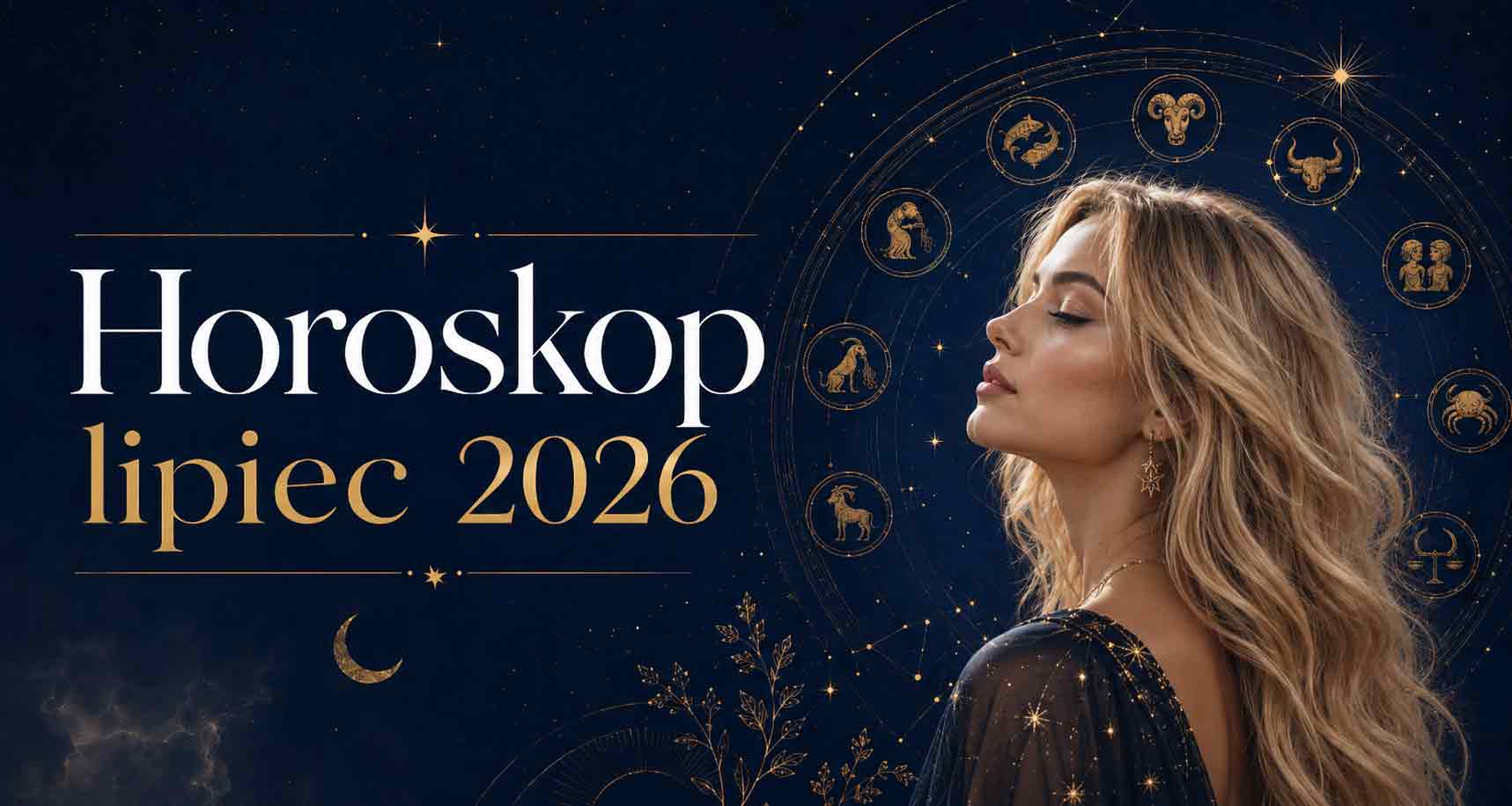 Horoskop miesięczny na lipiec 2026 dla wszystkich znaków zodiaku - letnia grafika astrologiczna