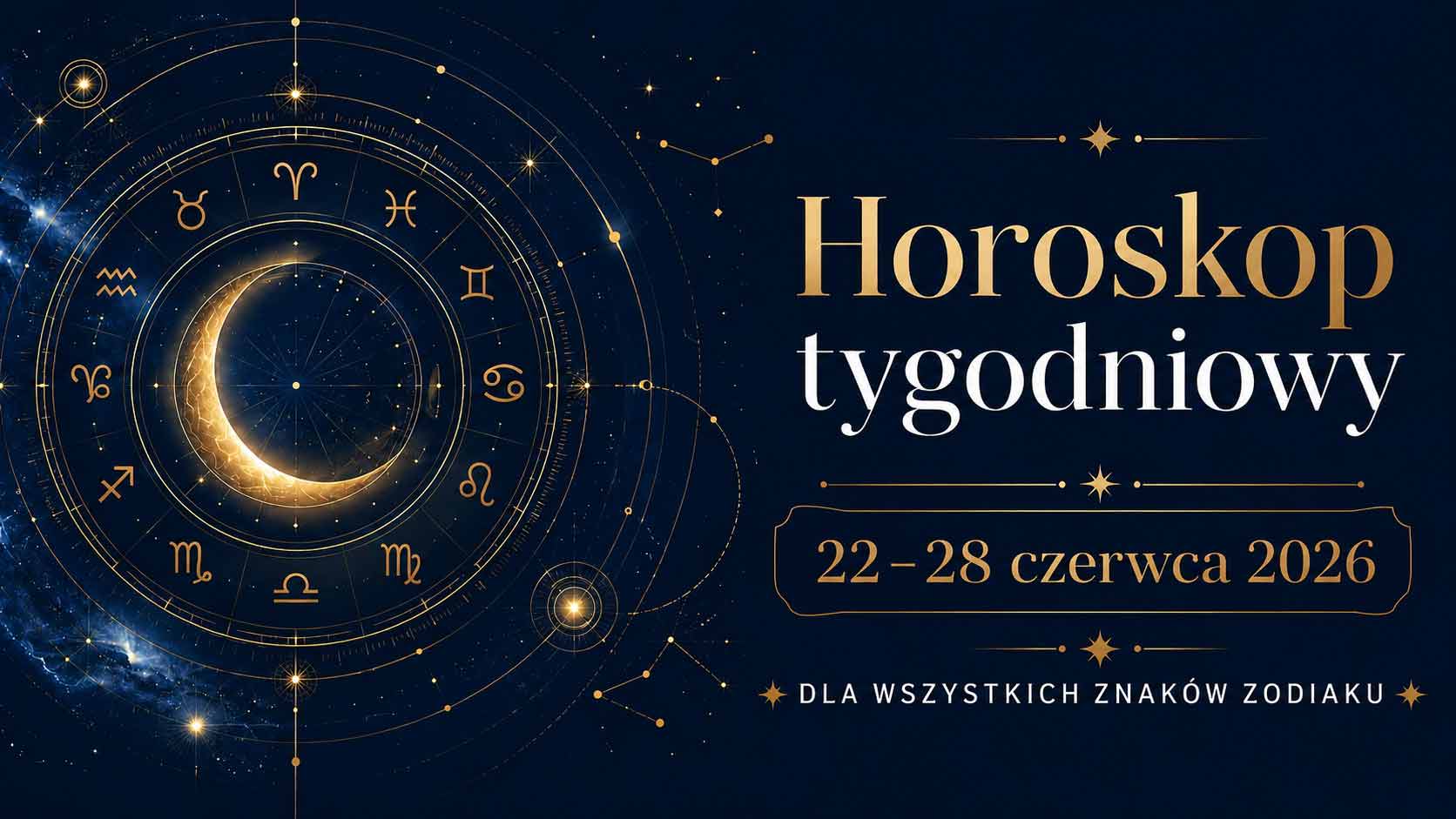 Horoskop tygodniowy od 22 do 28 czerwca 2026 dla wszystkich znaków zodiaku - astrologiczna grafika z motywem zodiaku