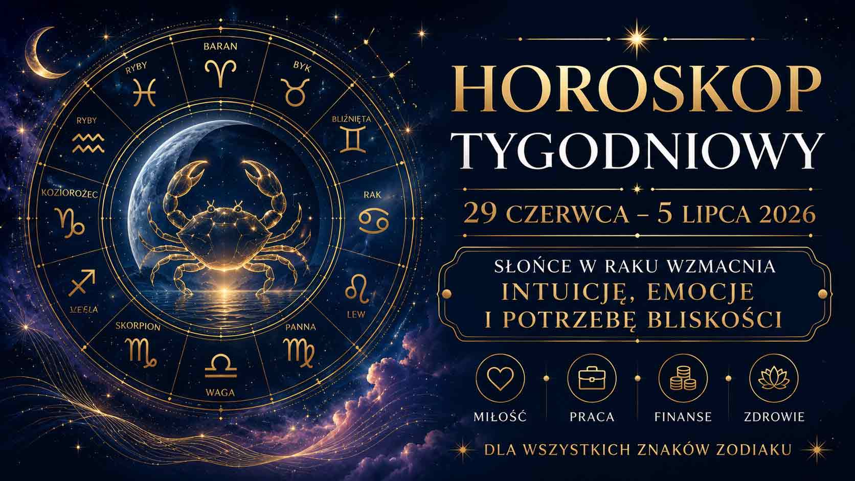 Horoskop tygodniowy od 29 czerwca do 5 lipca 2026 dla wszystkich znaków zodiaku - astrologiczna grafika z motywem zodiaku