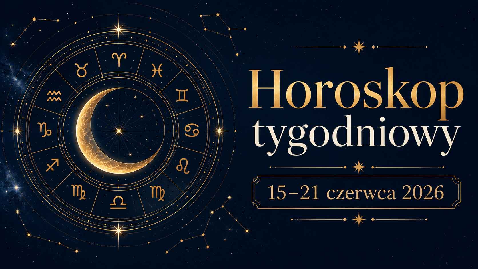 Horoskop tygodniowy od 15 do 21 czerwca 2026 dla wszystkich znaków zodiaku - astrologiczna grafika z motywem zodiaku