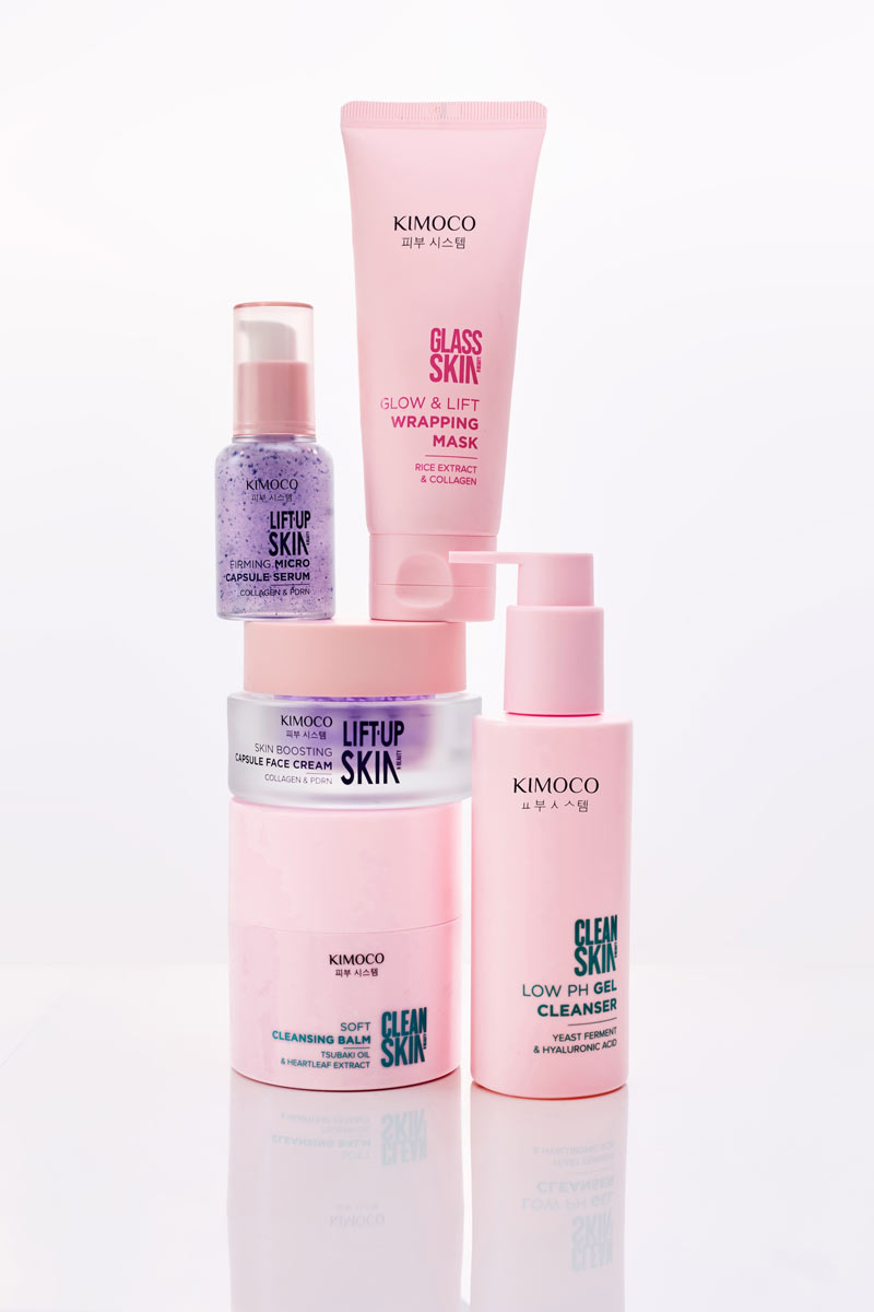 Aranżacja produktów Kimoco Skin System na jasnym tle
