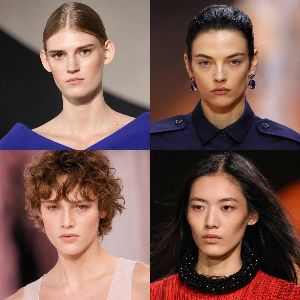 Kolaż zdjęć z wybiegów przedstawiający modelki Jil Sander, Prada, Chanel prezentujące wiodące trendy i makijaż na lato 2026, w tym efekt promiennej cery glow oraz soczyste usta