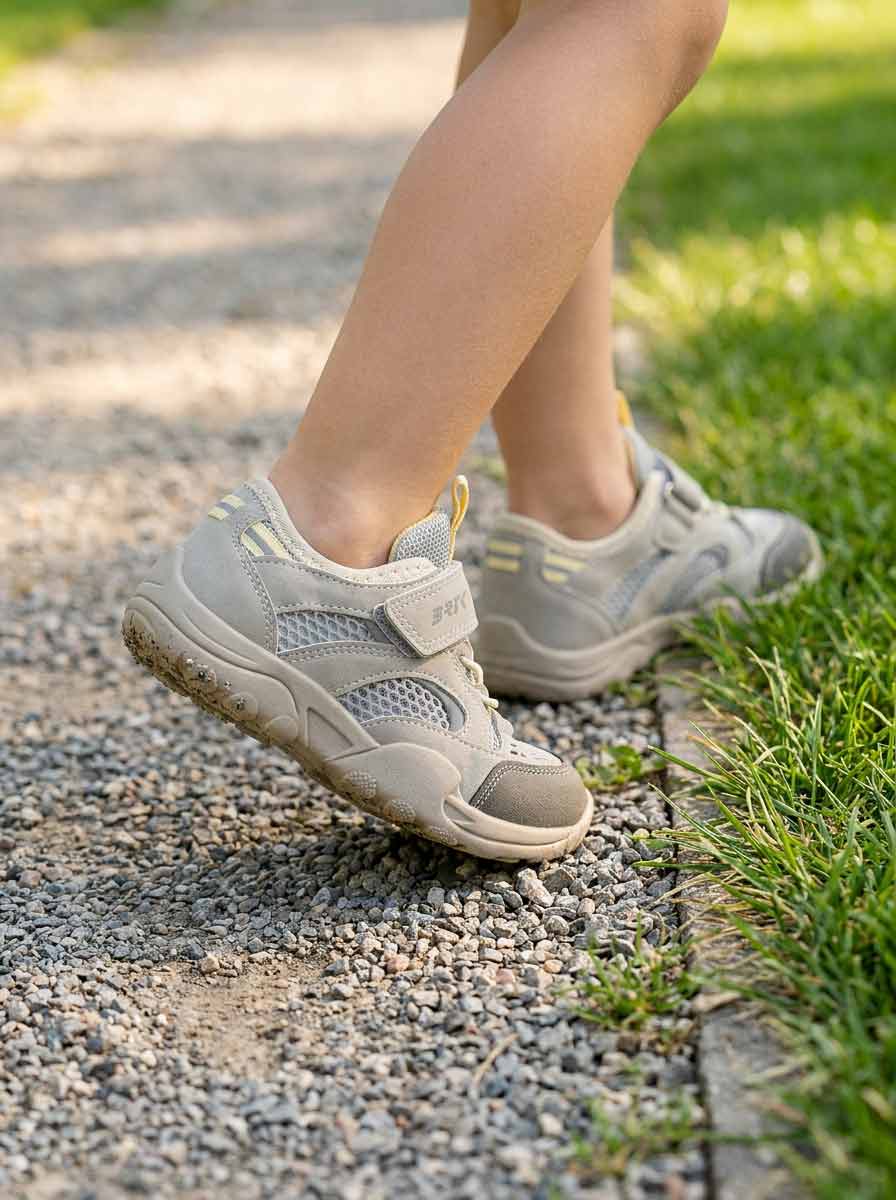 Chłopiec w szarych butach barefoot BARTEK na żwirowej ścieżce — zdrowe buty dla dzieci na wakacje