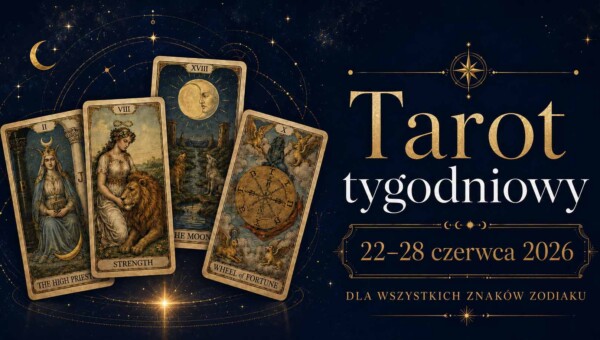 Grafika do horoskopu tarotowego na tydzień 22–28 czerwca 2026 z realistycznymi kartami Tarota na granatowo-złotym tle.