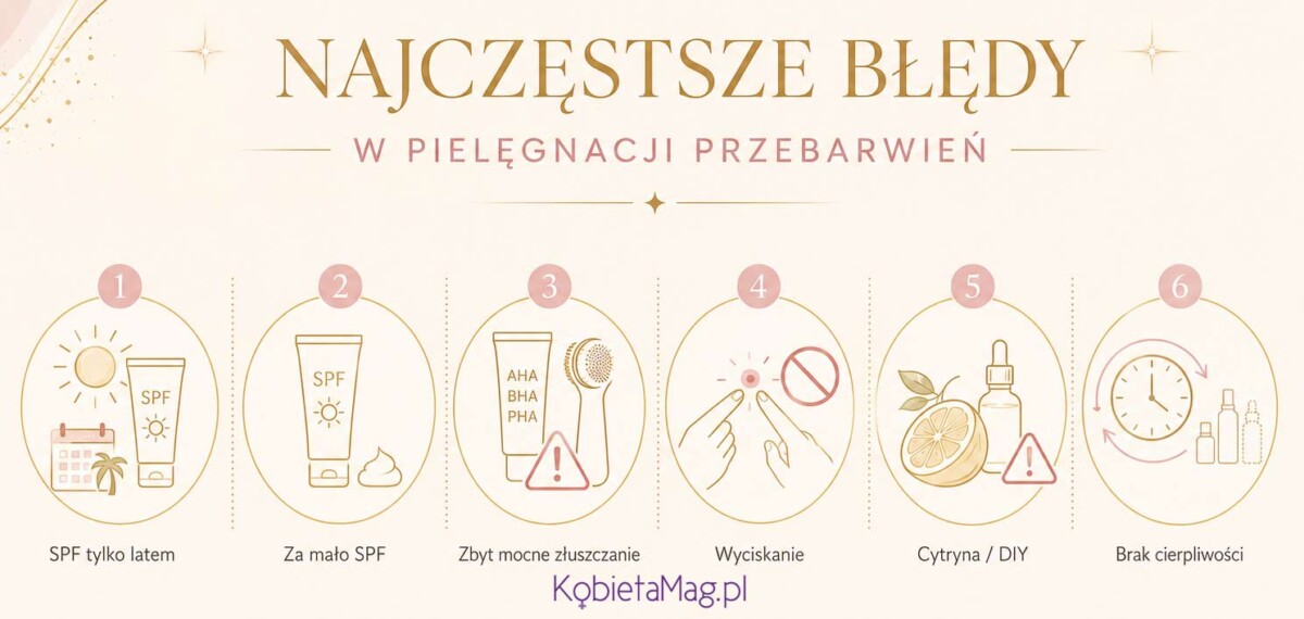 Najczęstsze błędy w pielęgnacji przebarwień: SPF tylko latem, za mało kremu ochronnego, zbyt mocne złuszczanie i brak regularności