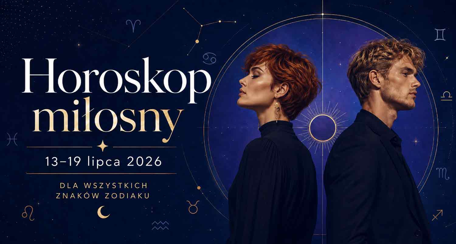 Horoskop miłosny 13–19 lipca 2026 dla wszystkich znaków zodiaku – rudowłosa kobieta i blondyn na astrologicznym tle