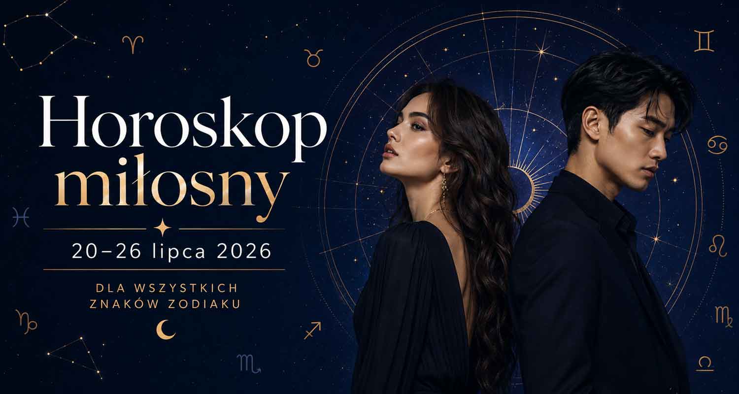 Horoskop miłosny 20–26 lipca 2026 dla wszystkich znaków zodiaku – zakochana para na astrologicznym tle