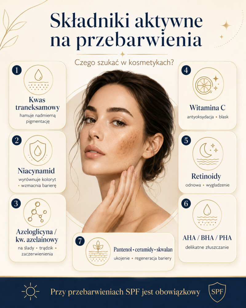 Składniki aktywne na przebarwienia: kwas traneksamowy, niacynamid, witamina C, retinoidy, kwasy i składniki regenerujące barierę skóry