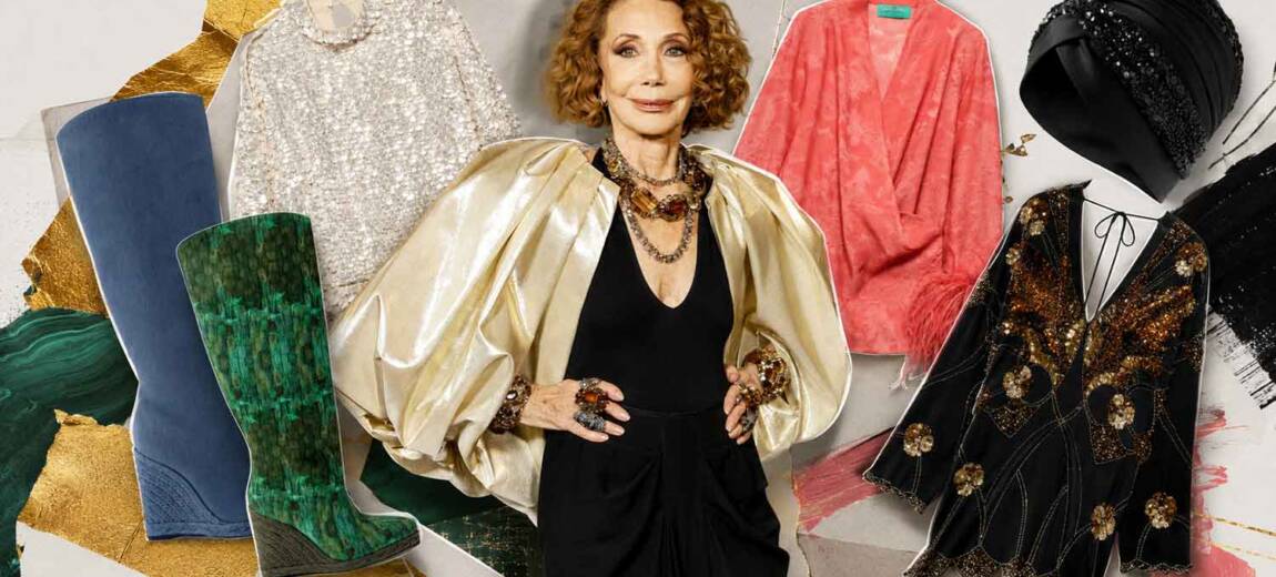 Marisa Berenson w otoczeniu kozaków na espadrylowym koturnie, cekinowych ubrań i dodatków z kolekcji The House of Marisa dla Zary
