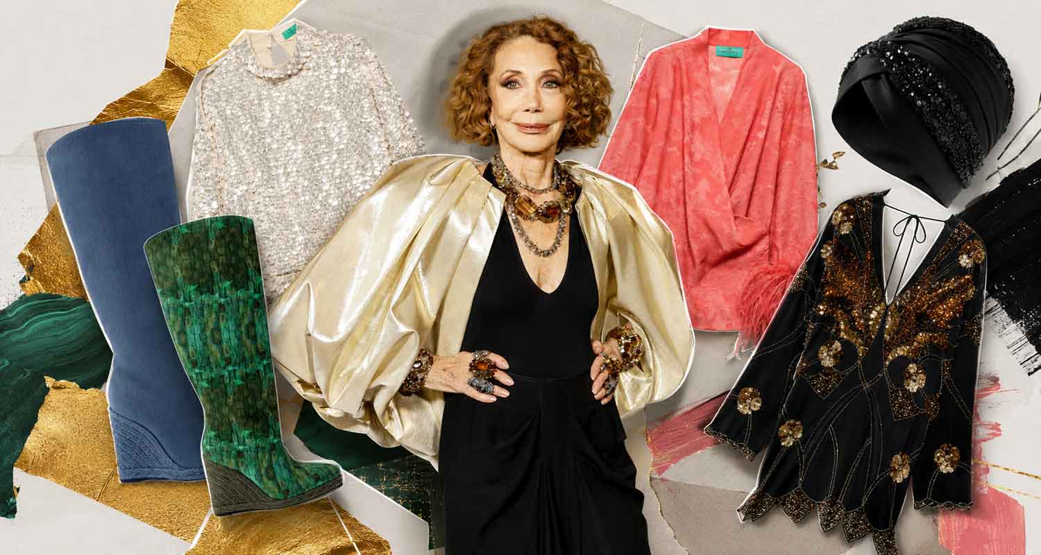 Marisa Berenson w otoczeniu kozaków na espadrylowym koturnie, cekinowych ubrań i dodatków z kolekcji The House of Marisa dla Zary