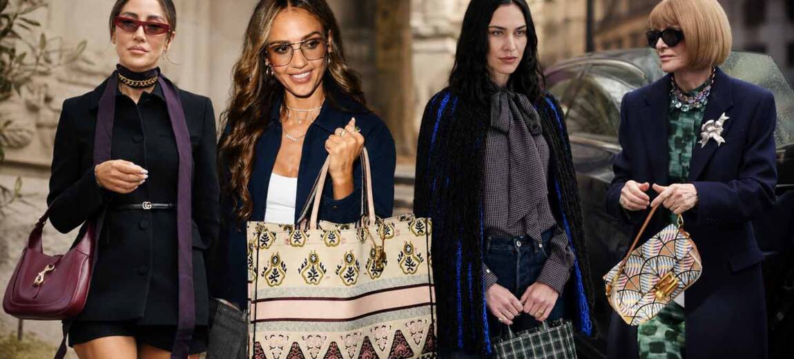 Tatiana Kalinic z torebką Gucci Jackie 1961, Jessica Alba z torebką Dior Book Tote, Alexa Chung z torebką Lady Dior i Anna Wintour z torebką Fendi Baguette.