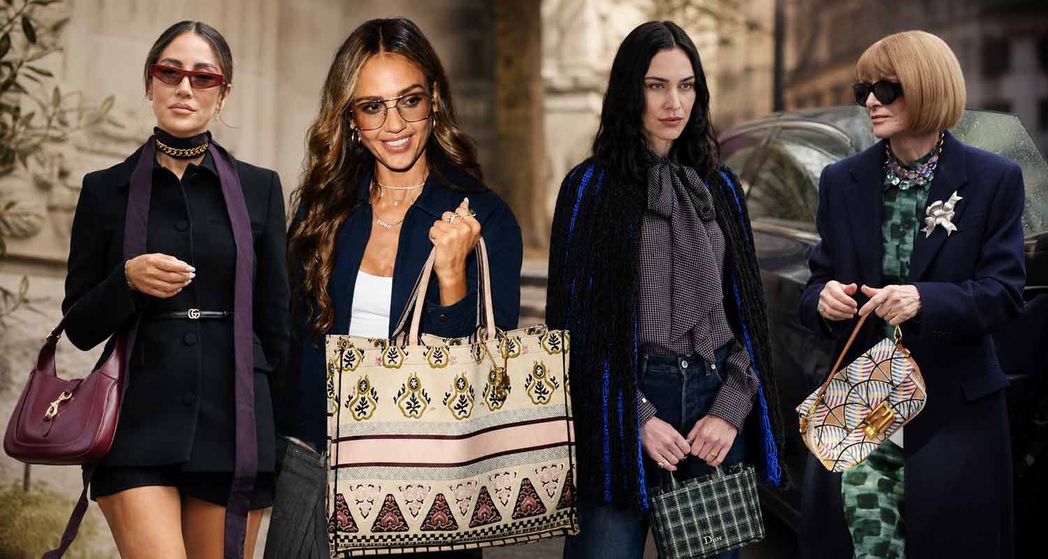 Tatiana Kalinic z torebką Gucci Jackie 1961, Jessica Alba z torebką Dior Book Tote, Alexa Chung z torebką Lady Dior i Anna Wintour z torebką Fendi Baguette.