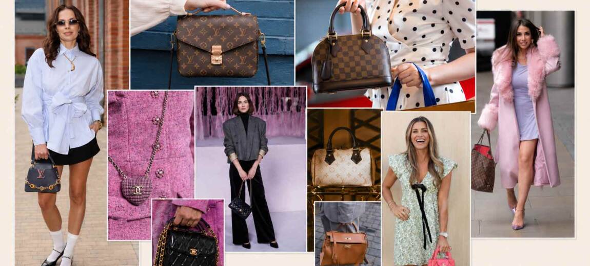 Kolaż kultowych torebek Hermes, Louis Vuitton i Chanel w stylizacjach gwiazd oraz na wybiegach mody
