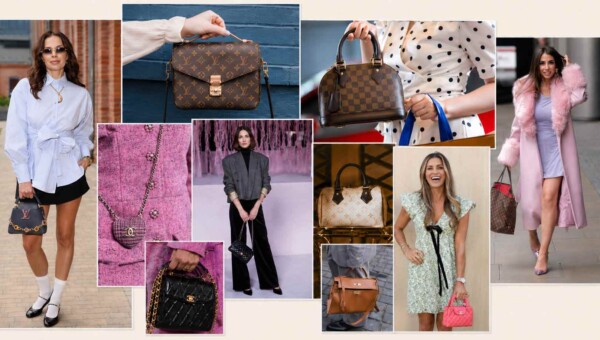 Kolaż kultowych torebek Hermes, Louis Vuitton i Chanel w stylizacjach gwiazd oraz na wybiegach mody