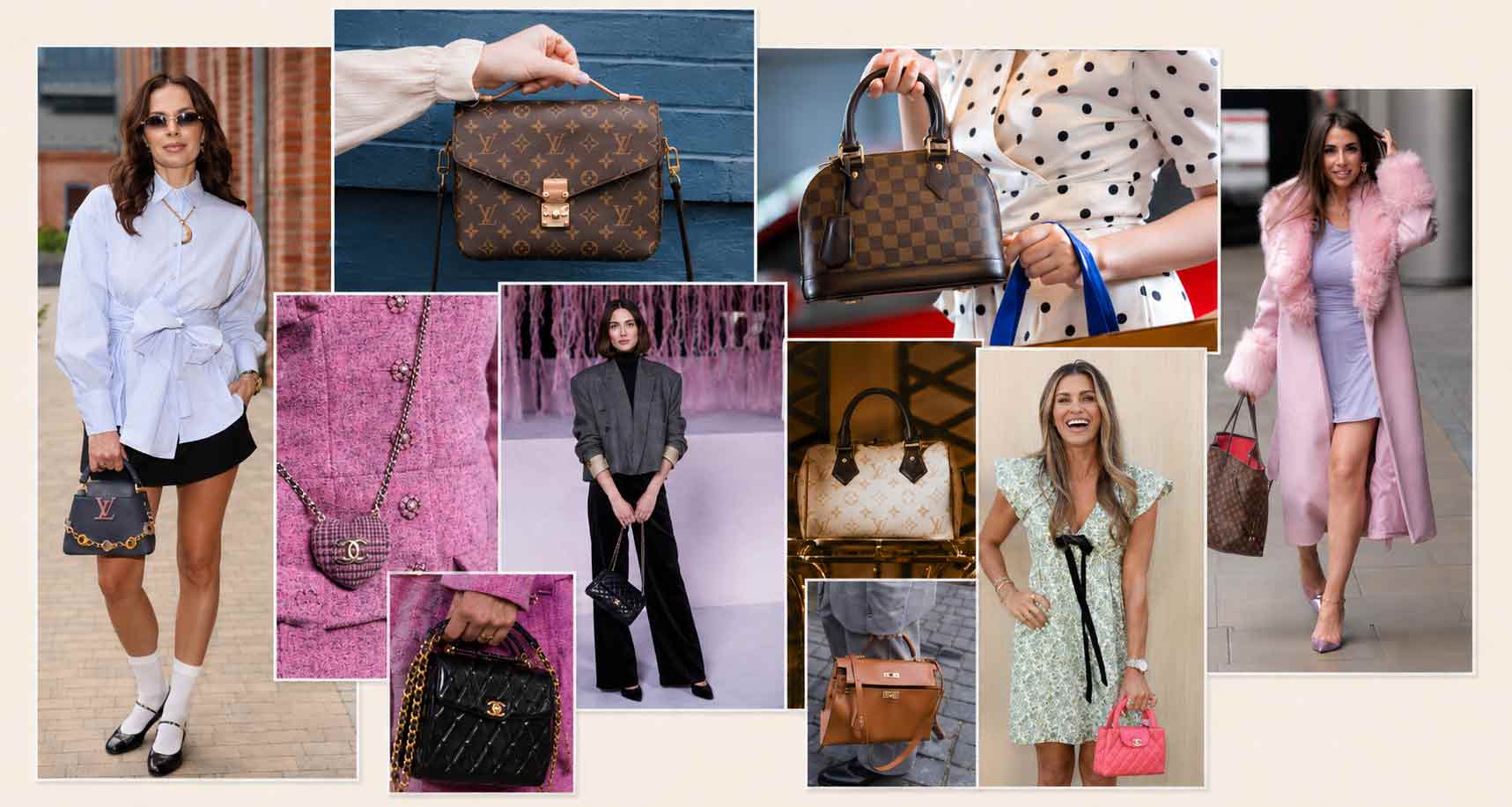Kolaż kultowych torebek Hermes, Louis Vuitton i Chanel w stylizacjach gwiazd oraz na wybiegach mody